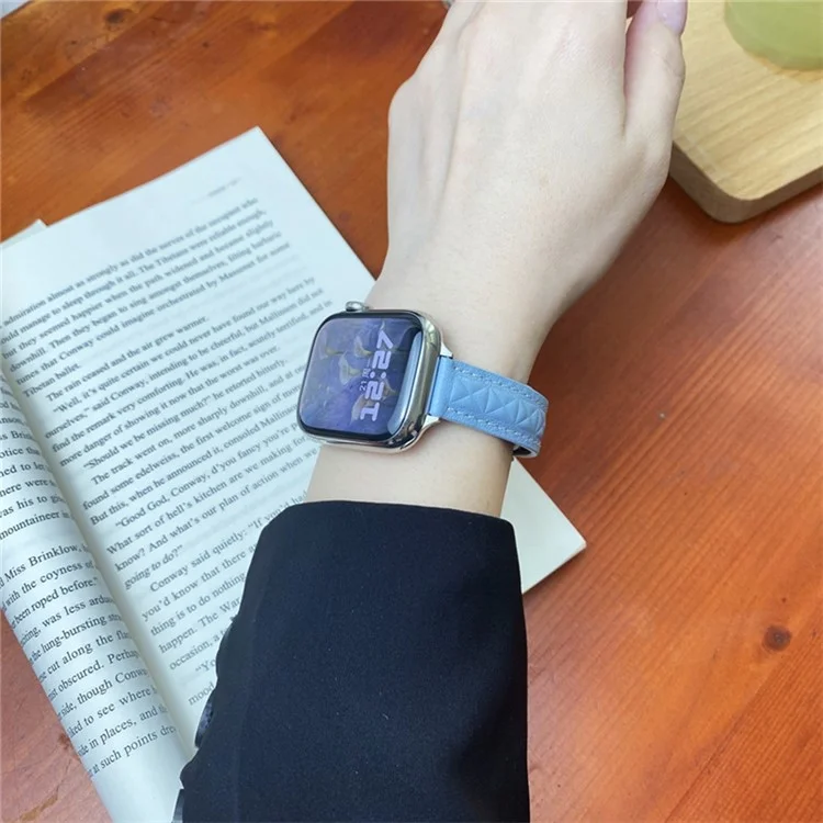 Genuine Leather Watch Band For Apple Watch Series 10 42mm  /  9 8 7 41mm  /  SE (2023) SE (2022) SE 6 5 4 40mm  /  3 2 1 38mm Strap with Magnetic Double C Buckle - Blue