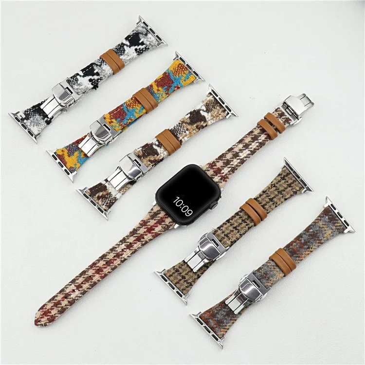 Wool+Leather Strap for Apple Watch Series 10 42mm  /  9 8 7 41mm  /  SE (2023) SE (2022) SE 6 5 4 40mm  /  3 2 1 38mm Houndstooth Pattern - White+Brown