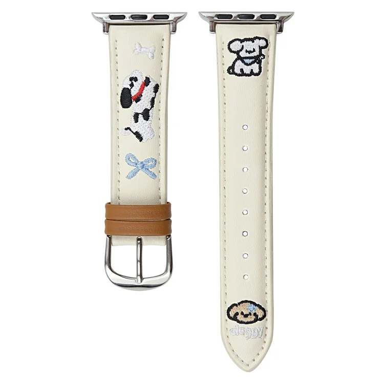 Embroidered Puppy Leather Strap for Apple Watch Series 10 46mm  /  Ultra 2  /  Ultra 49mm  /  9 8 7 45mm  /  SE (2023) SE (2022) SE 6 5 4 44mm  /  3 2 1 42mm - White