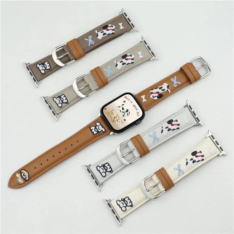 Embroidered Puppy Leather Strap for Apple Watch Series 10 46mm  /  Ultra 2  /  Ultra 49mm  /  9 8 7 45mm  /  SE (2023) SE (2022) SE 6 5 4 44mm  /  3 2 1 42mm - White