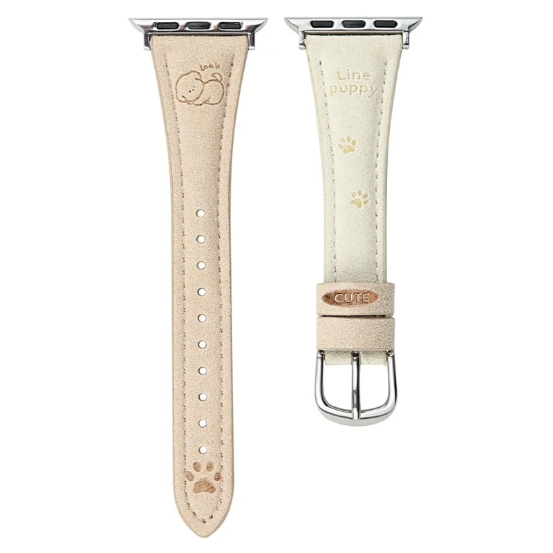 Cartoon Puppy Pattern Leather Strap for Apple Watch Ultra 3 2 1 49mm / Series 11 10 46mm / 9 8 7 45mm / SE3 SE2 SE 6 5 4 44mm / 3 2 1 42mm - Apricot+White