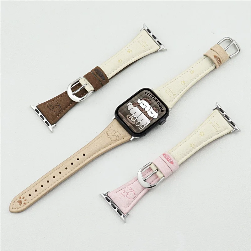 Cartoon Puppy Pattern Leather Strap for Apple Watch Ultra 3 2 1 49mm / Series 11 10 46mm / 9 8 7 45mm / SE3 SE2 SE 6 5 4 44mm / 3 2 1 42mm - Apricot+White