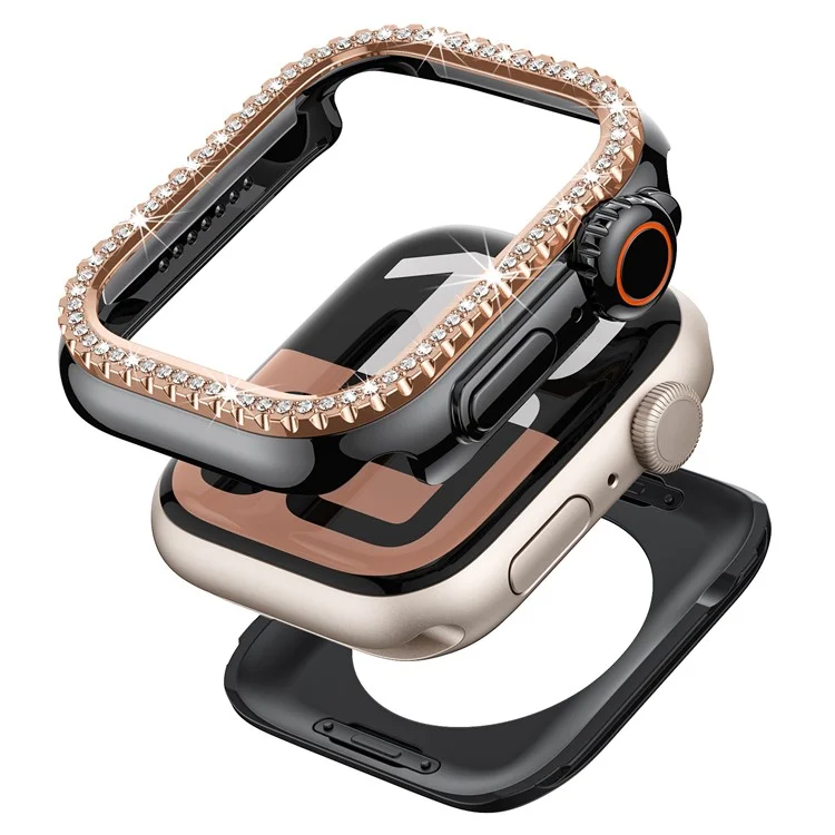 Gehäuse für Apple Watch Series 9 / 8 / 7 45mm mit Strass-Dekor, hohlem PC-Rahmen - Schwarz + Rosé-Gold-Zifferblatt