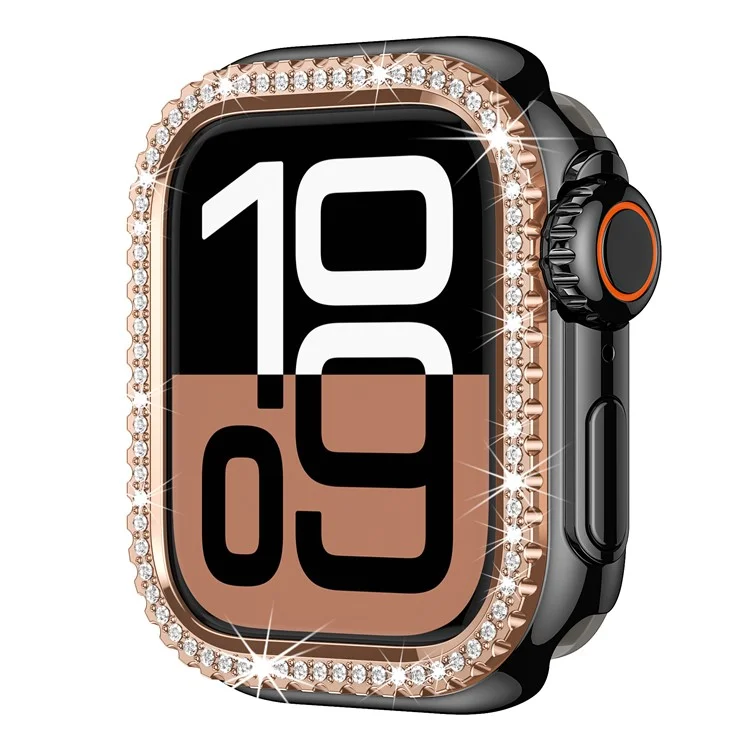 Gehäuse für Apple Watch Series 9 / 8 / 7 45mm mit Strass-Dekor, hohlem PC-Rahmen - Schwarz + Rosé-Gold-Zifferblatt