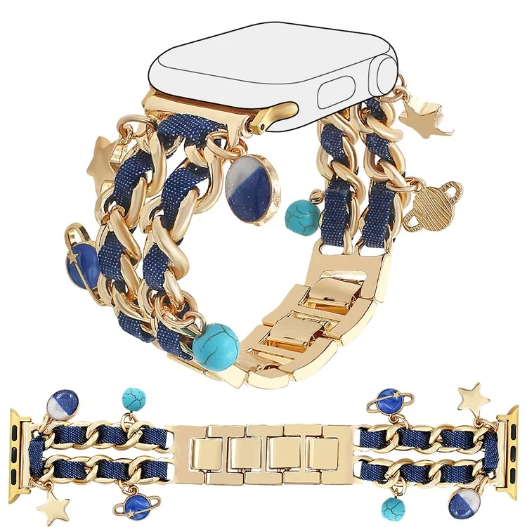 Armband für Apple Watch Series 10 Ultra 9 8 7 SE 6 5 4 3 2 1 46mm 49mm 45mm 44mm 42mm Damen Denim+Legierung Armband - Gold+Dunkelblau