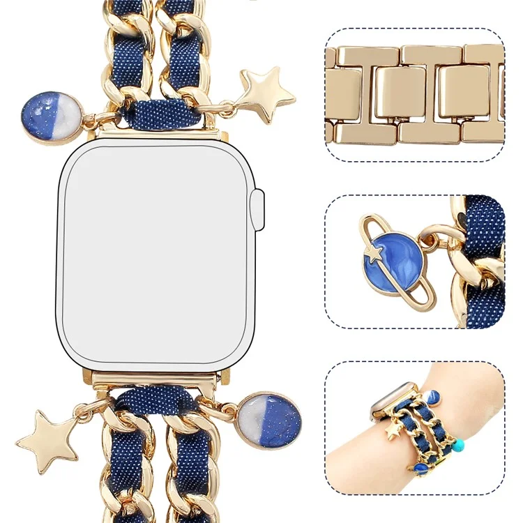 Armband für Apple Watch Series 10 Ultra 9 8 7 SE 6 5 4 3 2 1 46mm 49mm 45mm 44mm 42mm Damen Denim+Legierung Armband - Gold+Dunkelblau