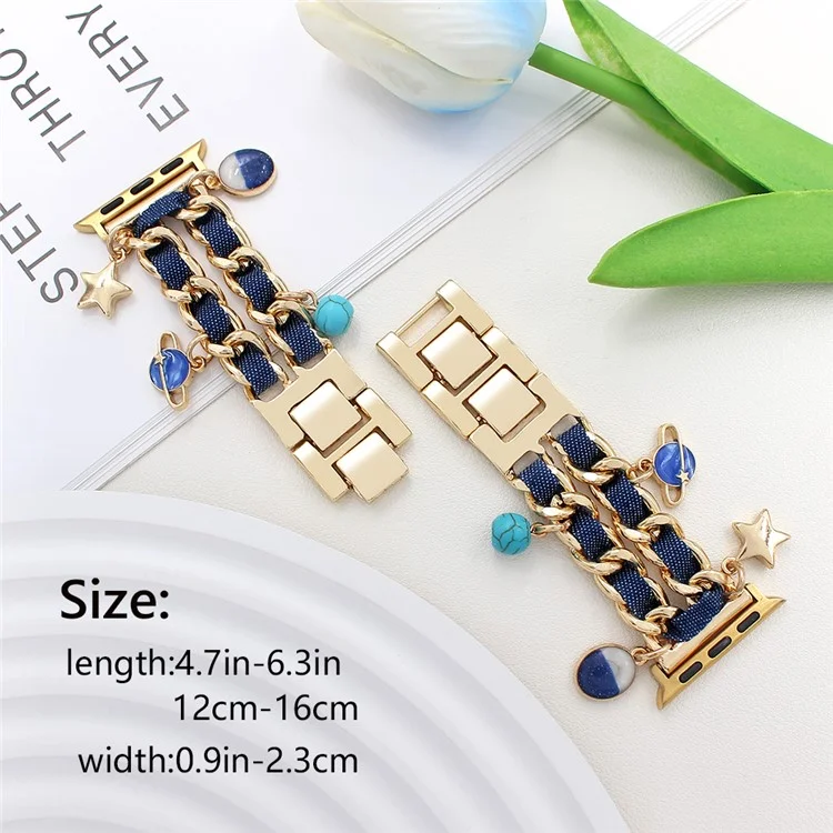Armband für Apple Watch Series 10 Ultra 9 8 7 SE 6 5 4 3 2 1 46mm 49mm 45mm 44mm 42mm Damen Denim+Legierung Armband - Gold+Dunkelblau
