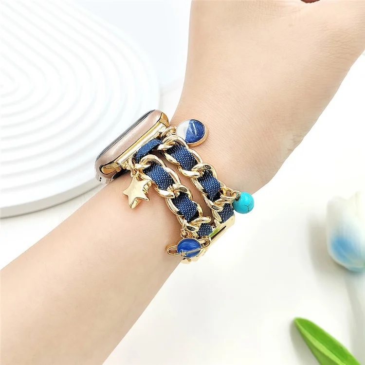 Armband für Apple Watch Series 10 Ultra 9 8 7 SE 6 5 4 3 2 1 46mm 49mm 45mm 44mm 42mm Damen Denim+Legierung Armband - Gold+Dunkelblau