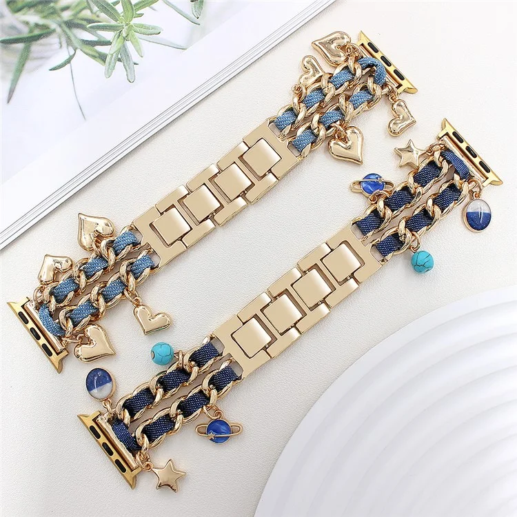 Armband für Apple Watch Series 10 Ultra 9 8 7 SE 6 5 4 3 2 1 46mm 49mm 45mm 44mm 42mm Damen Denim+Legierung Armband - Gold+Dunkelblau