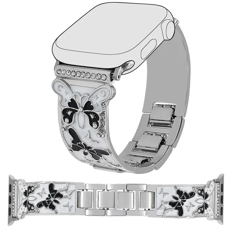 Watch Strap for Apple Watch Series 10 9 8 7 SE 6 5 4 3 2 1 42mm 41mm 40mm 38mm Enamel Butterfly Metal Band - Silver