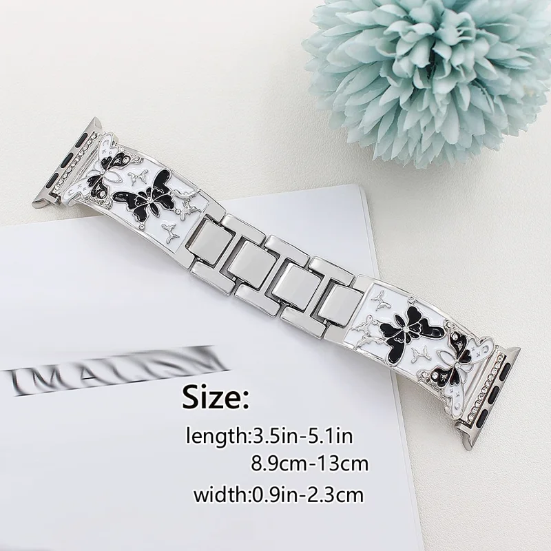 Watch Strap for Apple Watch Series 10 9 8 7 SE 6 5 4 3 2 1 42mm 41mm 40mm 38mm Enamel Butterfly Metal Band - Silver