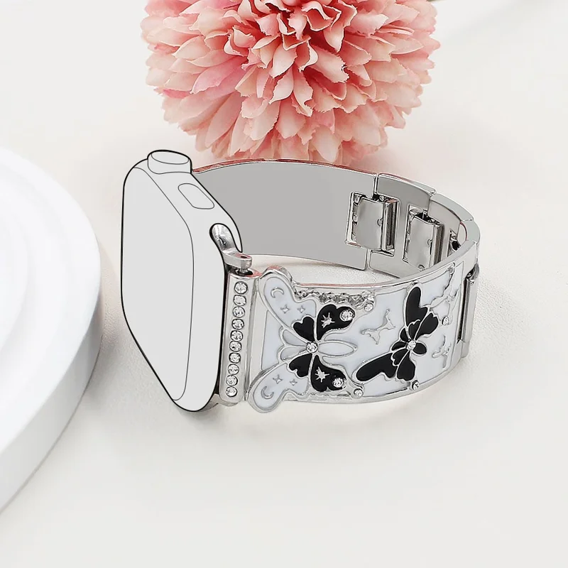 Watch Strap for Apple Watch Series 10 9 8 7 SE 6 5 4 3 2 1 42mm 41mm 40mm 38mm Enamel Butterfly Metal Band - Silver
