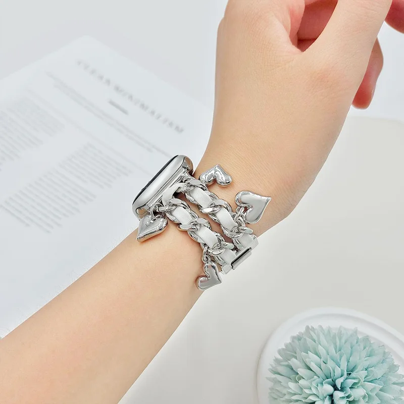 Watch Strap for Apple Watch Series 10 9 8 7 SE 6 5 4 3 2 1 42mm 41mm 40mm 38mm Alloy+Leather Band with Heart Pendant - Silver