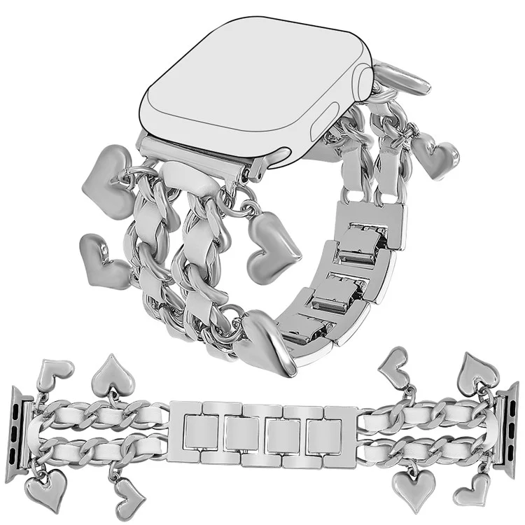 Bracelet pour Apple Watch Série 10 Ultra 9 8 7 SE 6 5 4 3 2 1 46mm 49mm 45mm 44mm 42mm Alliage + Bande en cuir avec pendentif en forme de cœur - Argent