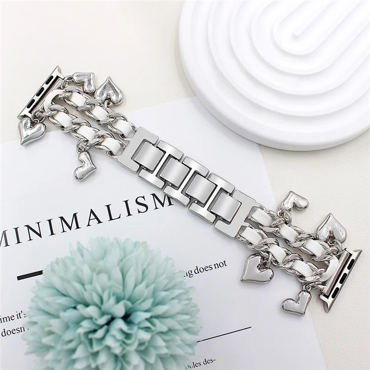 Bracelet pour Apple Watch Série 10 Ultra 9 8 7 SE 6 5 4 3 2 1 46mm 49mm 45mm 44mm 42mm Alliage + Bande en cuir avec pendentif en forme de cœur - Argent