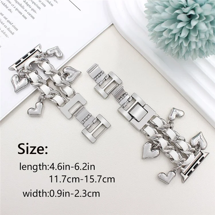 Bracelet pour Apple Watch Série 10 Ultra 9 8 7 SE 6 5 4 3 2 1 46mm 49mm 45mm 44mm 42mm Alliage + Bande en cuir avec pendentif en forme de cœur - Argent