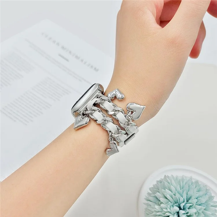 Bracelet pour Apple Watch Série 10 Ultra 9 8 7 SE 6 5 4 3 2 1 46mm 49mm 45mm 44mm 42mm Alliage + Bande en cuir avec pendentif en forme de cœur - Argent