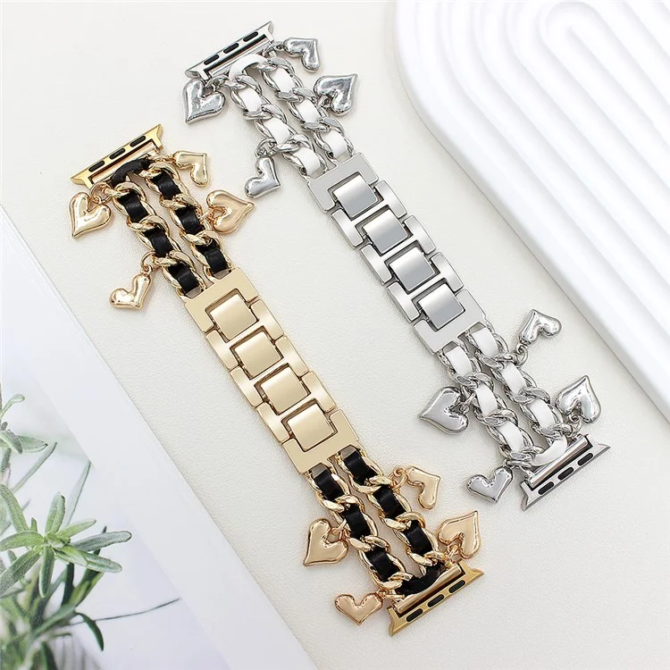 Bracelet pour Apple Watch Série 10 Ultra 9 8 7 SE 6 5 4 3 2 1 46mm 49mm 45mm 44mm 42mm Alliage + Bande en cuir avec pendentif en forme de cœur - Argent