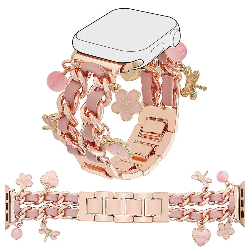 Watch Strap for Apple Watch Series 10 Ultra 9 8 7 SE 6 5 4 3 2 1 46mm 49mm 45mm 44mm 42mm Alloy+Leather Band with Butterfly and Flower Pendant - Rose Gold