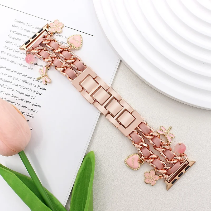 Watch Strap for Apple Watch Series 10 Ultra 9 8 7 SE 6 5 4 3 2 1 46mm 49mm 45mm 44mm 42mm Alloy+Leather Band with Butterfly and Flower Pendant - Rose Gold