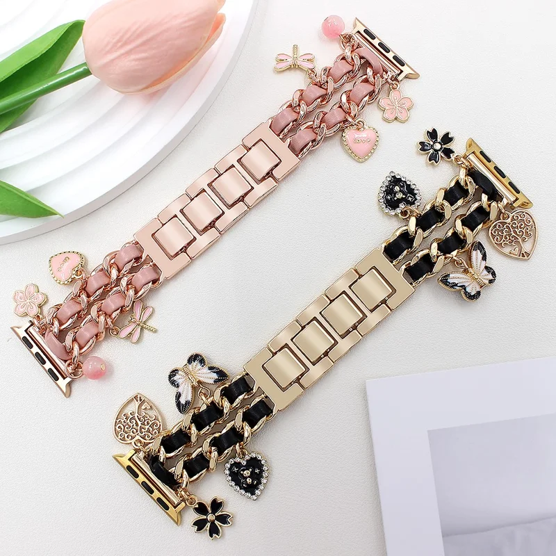Watch Strap for Apple Watch Series 10 Ultra 9 8 7 SE 6 5 4 3 2 1 46mm 49mm 45mm 44mm 42mm Alloy+Leather Band with Butterfly and Flower Pendant - Rose Gold