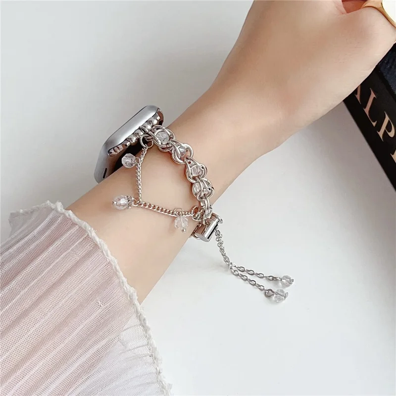 Crystal Beads Strap for Apple Watch Series 10 9 8 7 SE 6 5 4 3 2 1 42mm 41mm 40mm 38mm Sliding Bracelet - Silver