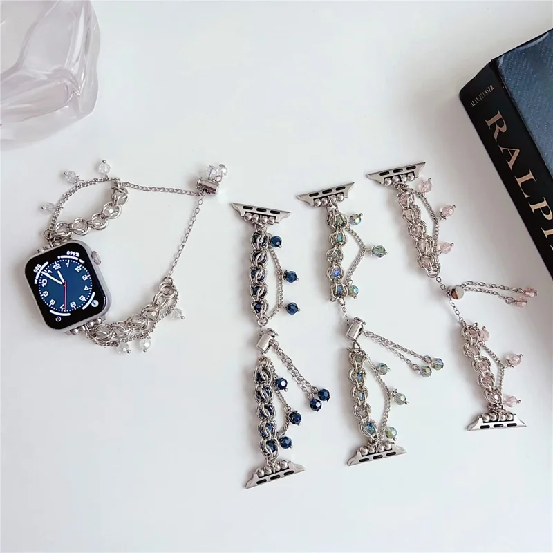 Crystal Beads Strap for Apple Watch Series 10 9 8 7 SE 6 5 4 3 2 1 42mm 41mm 40mm 38mm Sliding Bracelet - Silver
