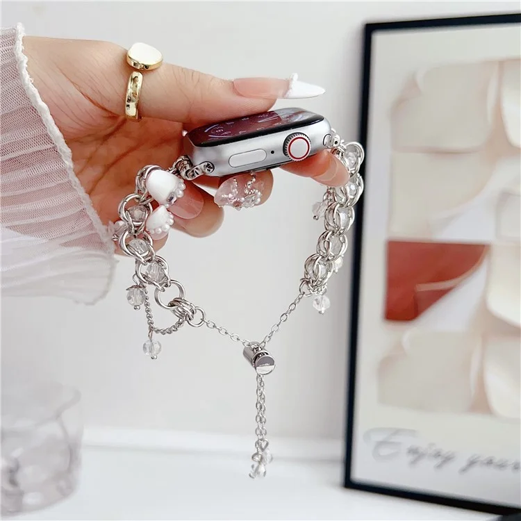 Crystal Beads Strap for Apple Watch Series 10 Ultra 9 8 7 SE 6 5 4 3 2 1 46mm 49mm 45mm 44mm 42mm Sliding Bracelet - Silver