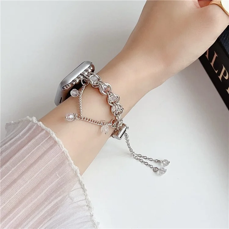 Crystal Beads Strap for Apple Watch Series 10 Ultra 9 8 7 SE 6 5 4 3 2 1 46mm 49mm 45mm 44mm 42mm Sliding Bracelet - Silver