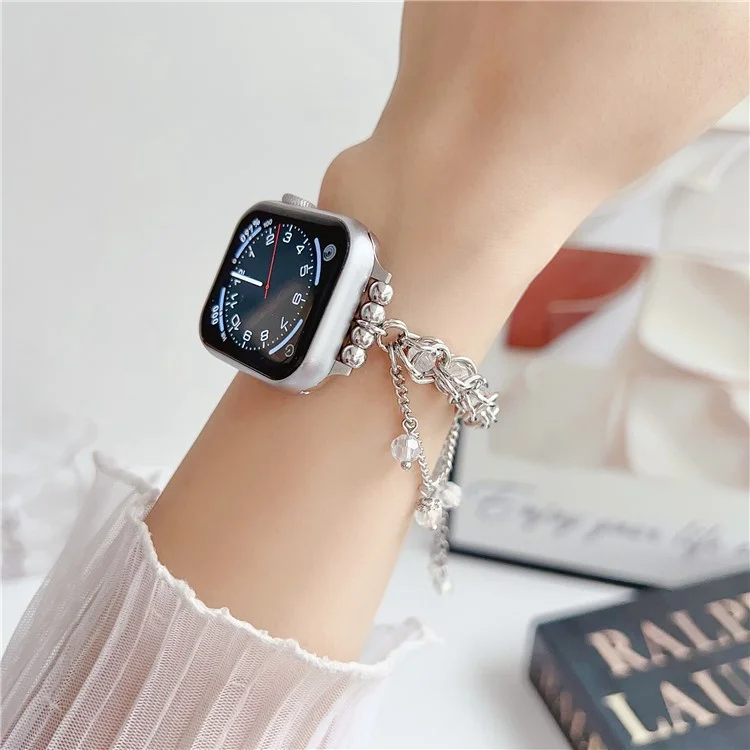 Crystal Beads Strap for Apple Watch Series 10 Ultra 9 8 7 SE 6 5 4 3 2 1 46mm 49mm 45mm 44mm 42mm Sliding Bracelet - Silver