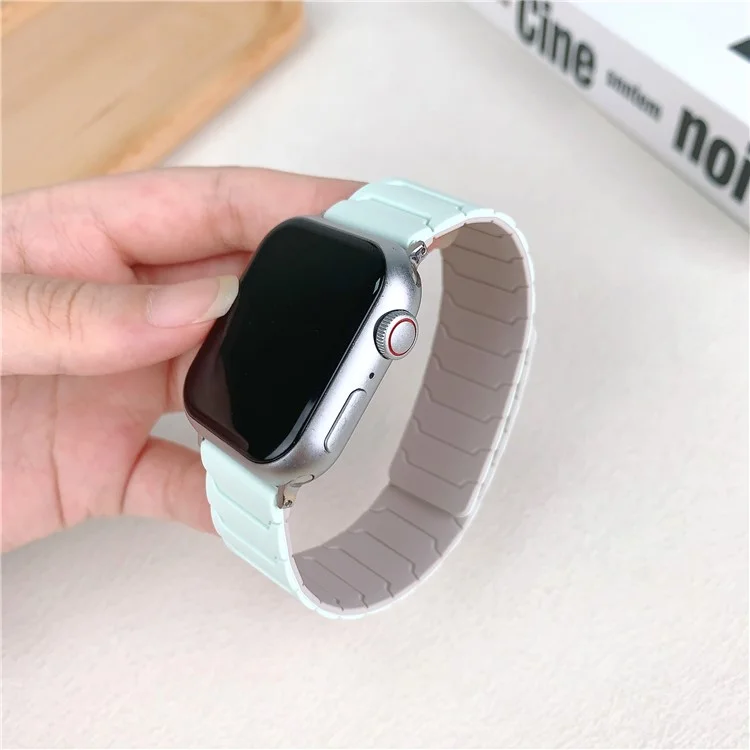 Silicone Strap for Apple Watch Series 10 Ultra 9 8 7 SE 6 5 4 3 2 1 46mm 49mm 45mm 44mm 42mm Magnetic Band - Light Mint Green+Starlight