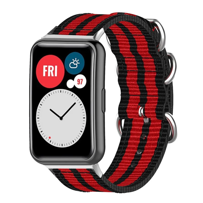 Nylon Canvas Watch Band Replacement Strap for Huawei Watch Fit TIA-B09 - Black/Red