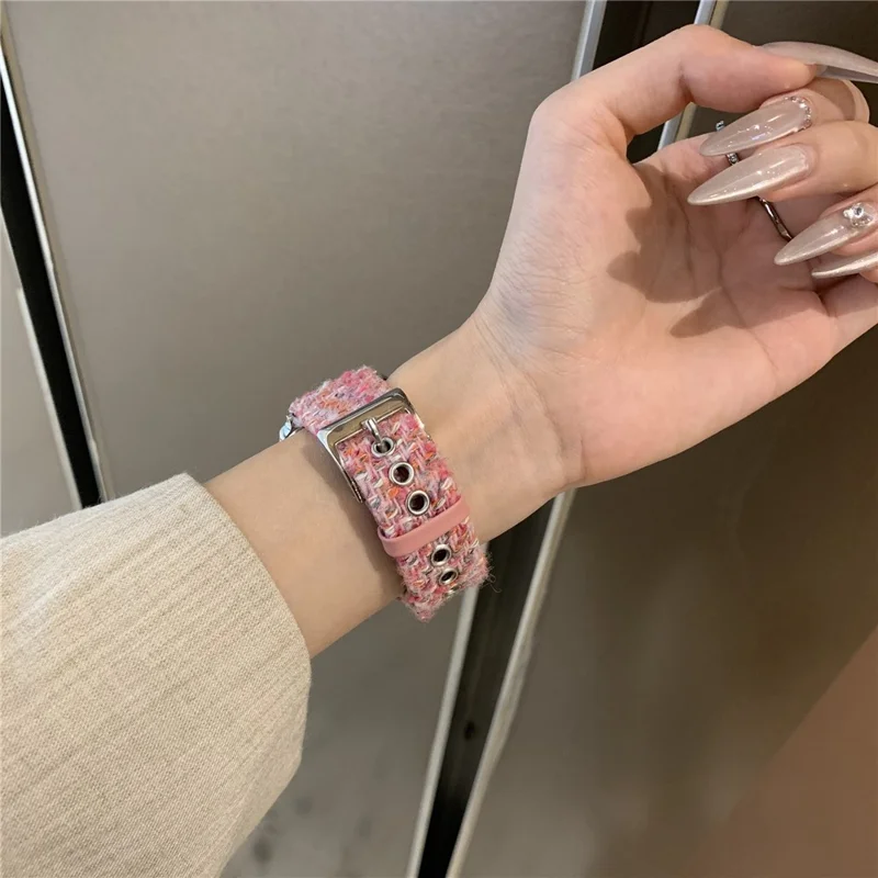 Genuine Cow Leather + Wool Strap for Apple Watch Series 10 9 8 7 SE 6 5 4 3 2 1 42mm 41mm 40mm 38mm Winter Watchband - Pink