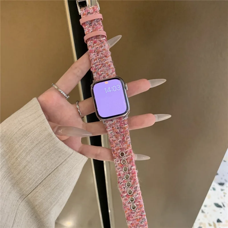 Genuine Cow Leather + Wool Strap for Apple Watch Series 10 Ultra 9 8 7 SE 6 5 4 3 2 1 46mm 49mm 45mm 44mm 42mm Winter Watchband - Pink
