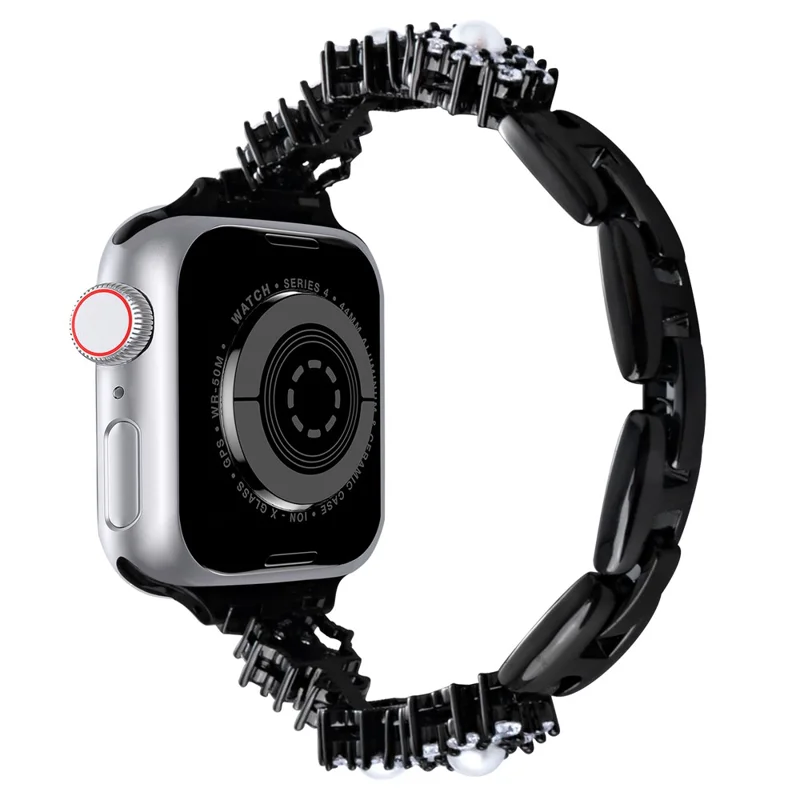 Watch Band For Apple Watch Series 10 Ultra 9 8 7 SE 6 5 4 3 2 1 46mm 49mm 45mm 44mm 42mm Metal Sparkling Pearl Bracelet Strap - Black