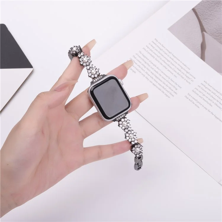 Watch Band For Apple Watch Series 10 Ultra 9 8 7 SE 6 5 4 3 2 1 46mm 49mm 45mm 44mm 42mm Metal Sparkling Pearl Bracelet Strap - Black