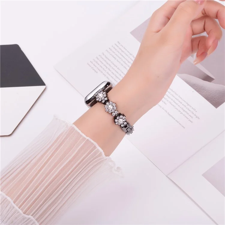Watch Band For Apple Watch Series 10 Ultra 9 8 7 SE 6 5 4 3 2 1 46mm 49mm 45mm 44mm 42mm Metal Sparkling Pearl Bracelet Strap - Black