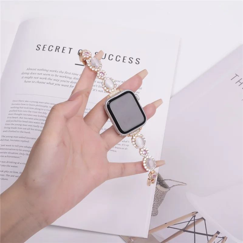 Watch band for Apple Watch Series 10 9 8 7 SE 6 5 4 3 2 1 42mm 41mm 40mm 38mm, gemstone design, metal band - Rose gold