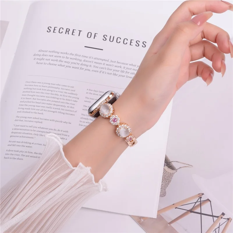 Watch band for Apple Watch Series 10 9 8 7 SE 6 5 4 3 2 1 42mm 41mm 40mm 38mm, gemstone design, metal band - Rose gold