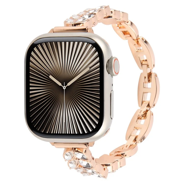 Pulseira de relógio para Apple Watch Series 10 Ultra 9 8 7 SE 6 5 4 3 2 1 46mm 49mm 45mm 44mm 42mm com liberação rápida, pulseira de liga de diamante em folha - Ouro rosa