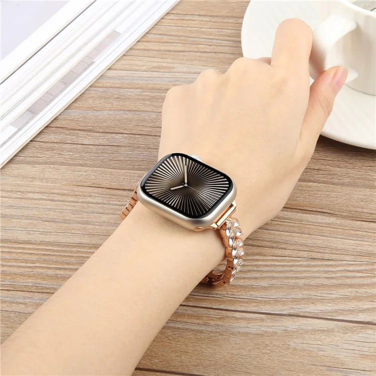 Pulseira de relógio para Apple Watch Series 10 Ultra 9 8 7 SE 6 5 4 3 2 1 46mm 49mm 45mm 44mm 42mm com liberação rápida, pulseira de liga de diamante em folha - Ouro rosa