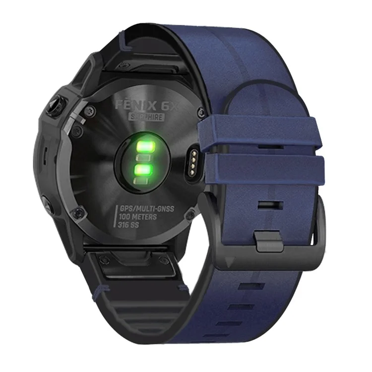 Pour Garmin Fenix ​​6x / 5x Plus / 3 / 3HR Montre Bracelet En Cuir Véritable + Remplacement De La Bande De Poignet En Silicone - Bleu Nuit