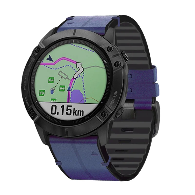 Para Garmin Fenix ​​6x / 5x Plus / 3 / 3hr Assista Couro Genuíno + Substituição De Banda De Pulso De Silicone - Azul Da Meia Noite