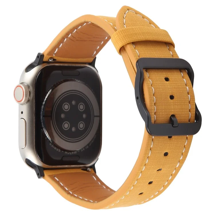 Watch Band For Apple Watch Series 10 9 8 7 SE 6 5 4 3 2 1 42mm 41mm 40mm 38mm Checkered Pattern Day-Shaped Buckle Leather Strap - Yellow