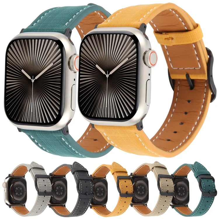 Watch Band For Apple Watch Series 10 9 8 7 SE 6 5 4 3 2 1 42mm 41mm 40mm 38mm Checkered Pattern Day-Shaped Buckle Leather Strap - Yellow