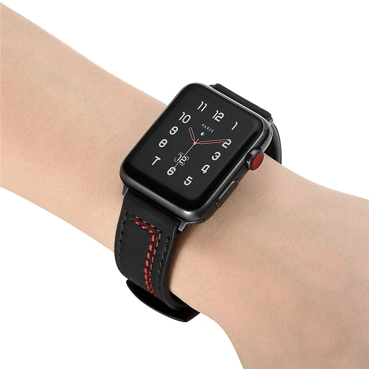 Compre em grande quantidade Genuine Cow Leather Strap para Apple Watch Series 10 Ultra 9 8 7 SE 6 5 4 3 2 1 46mm 49mm 45mm 44mm 42mm Stitching Line - Preto