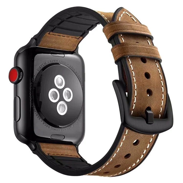 Cinturino da orologio in blocco per Apple Watch Series 10 9 8 7 SE 6 5 4 3 2 1 42mm 41mm 40mm 38mm in vera pelle di mucca + cinturino in silicone - Marrone