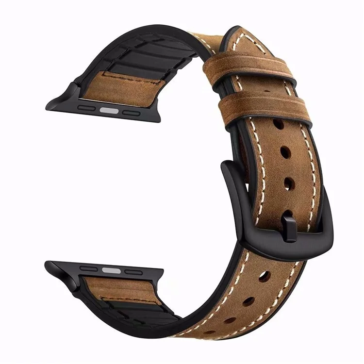 Cinturino da orologio in blocco per Apple Watch Series 10 9 8 7 SE 6 5 4 3 2 1 42mm 41mm 40mm 38mm in vera pelle di mucca + cinturino in silicone - Marrone