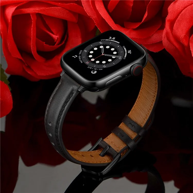 Bulk Purchasing Genuine Cow Leather Watch Strap for Apple Watch Series 10 Ultra 9 8 7 SE 6 5 4 3 2 1 46mm 49mm 45mm 44mm 42mm - Black+Black Buckle