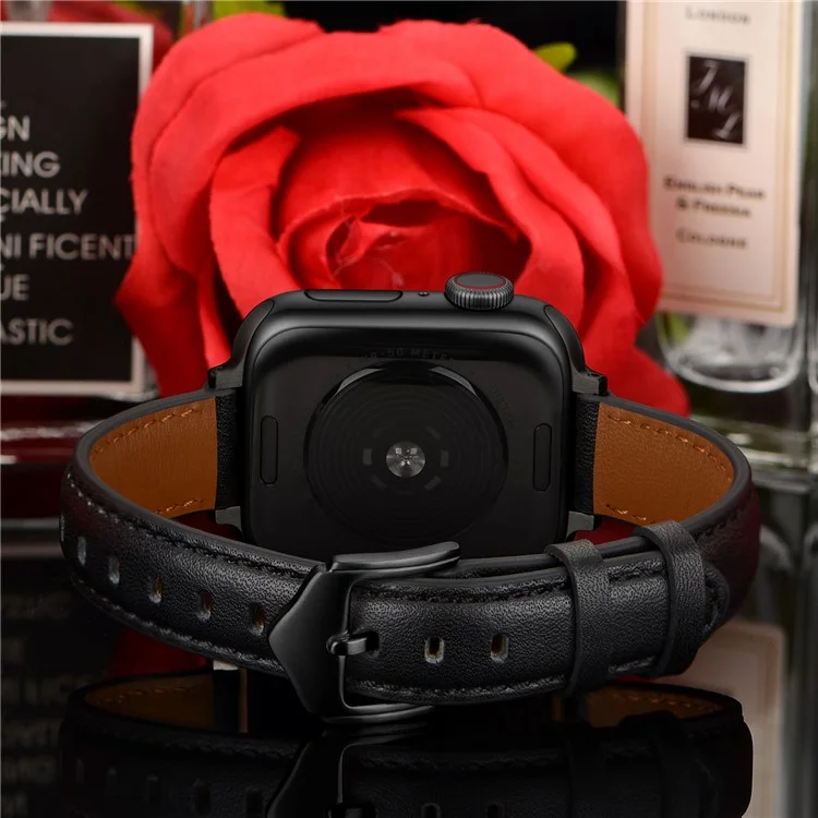 Bulk Purchasing Genuine Cow Leather Watch Strap for Apple Watch Series 10 Ultra 9 8 7 SE 6 5 4 3 2 1 46mm 49mm 45mm 44mm 42mm - Black+Black Buckle